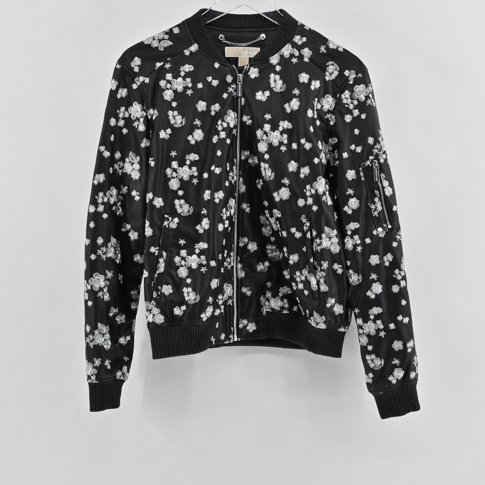 Michael Kors Floral Embroidered Bomber Jacket Womens Size L Black Silver Zip Y2K